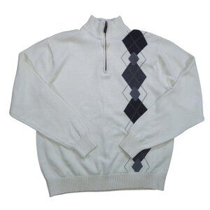 Oscar de la Renta Argyle Quarter Zip Sweater Men XL Light Yellow Gray Cotton.